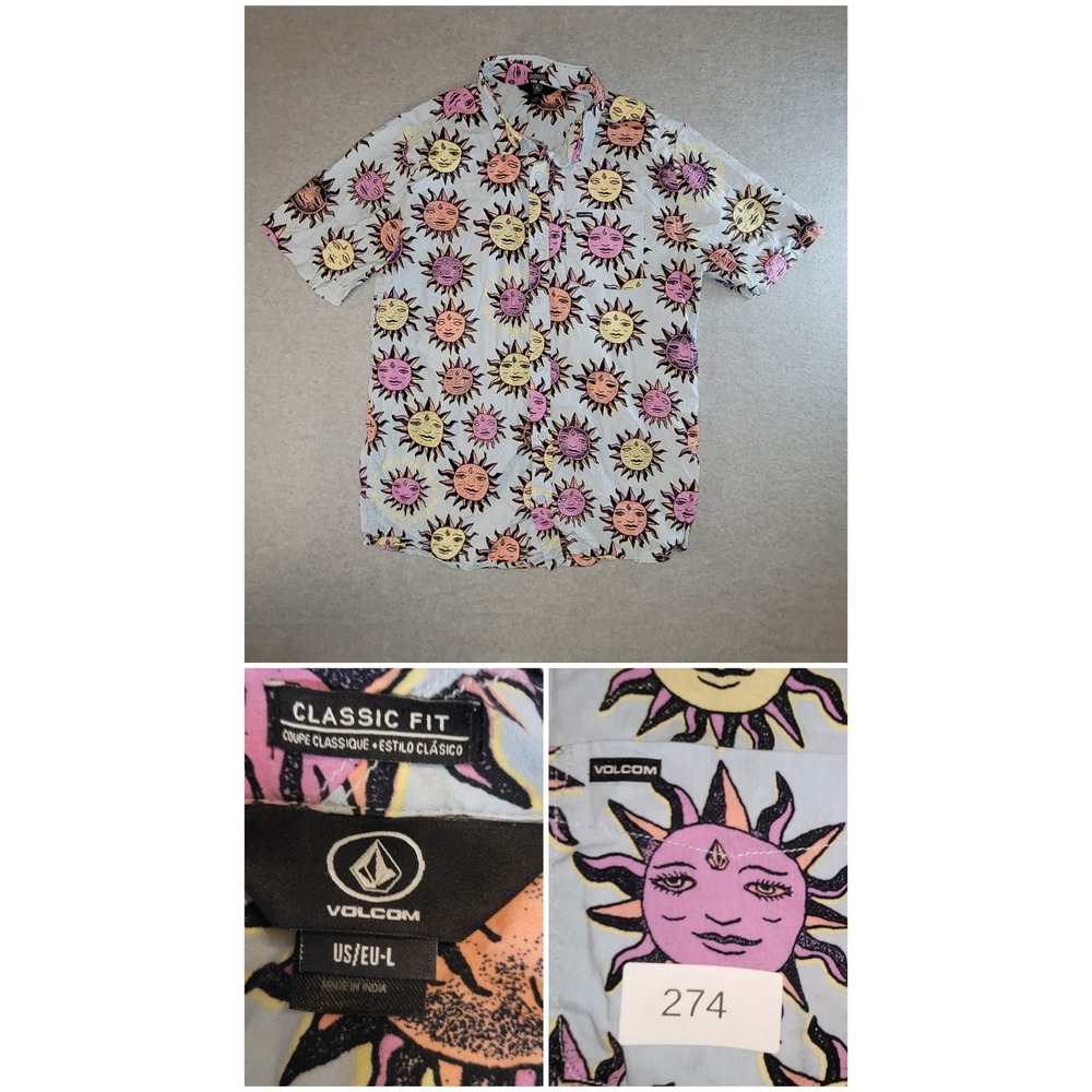 Volcom Mens Classic Fit Sun Print Button Down Short Sleeve Shirt Large Celestial